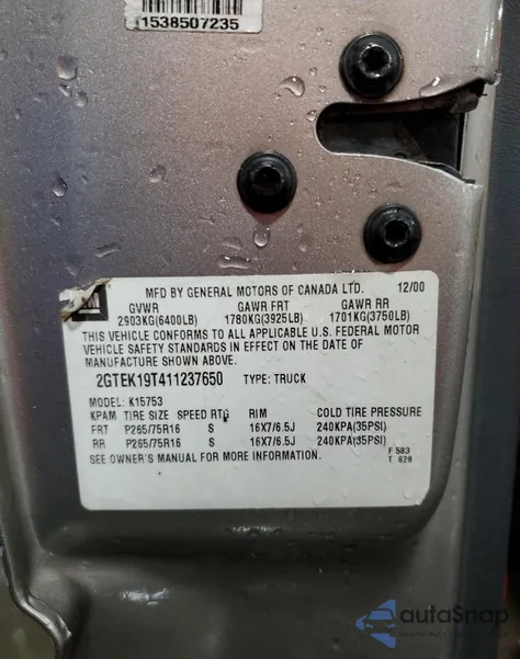 2001 GMC New Sierra K1500 from USA, damaged, VIN 2GTEK19T411237650